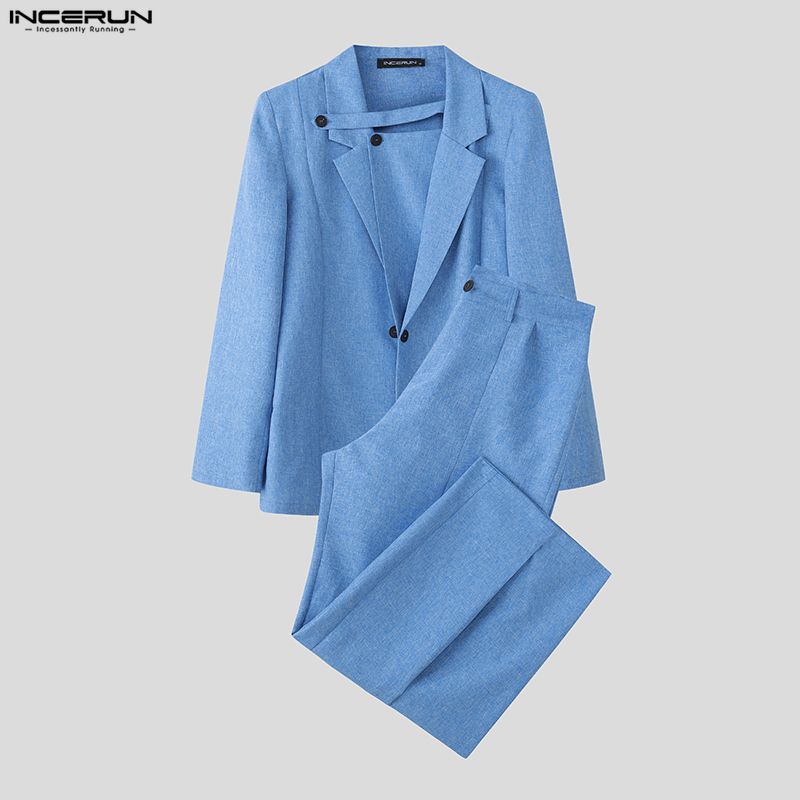 INCERUN Men Sets Lapel Neck Wrap Blazer Tops and Trousers Long Pants Casual Suits Outfits