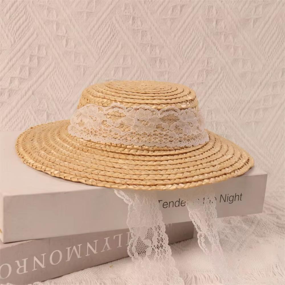 Flat Top Straw Hat Handwoven Sunscreen Cap Fashion Baby Girl Sun Hat  for Kids Decorative Props