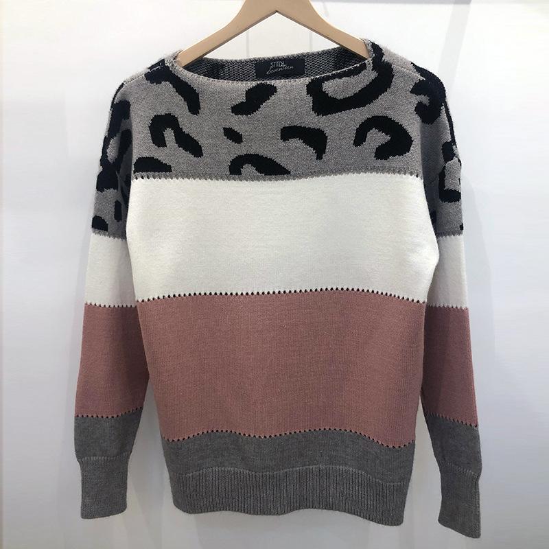 Striped Leopard Print Round Neck Pullover Sweaters Women Fashion Loose Vintage Knitted Sweater Woman Autumn Long Sleeve Casual Winter Clothing 25142