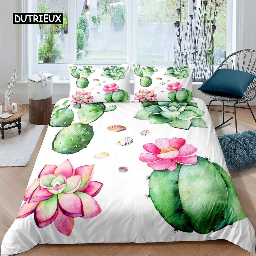 Sukkulenten Bettbezug Set Grüne Pflanze Tropisches Botanisches Bettwäsche Set Aquarellmalerei Stilvolles Naturthema Twin Quilt Cover