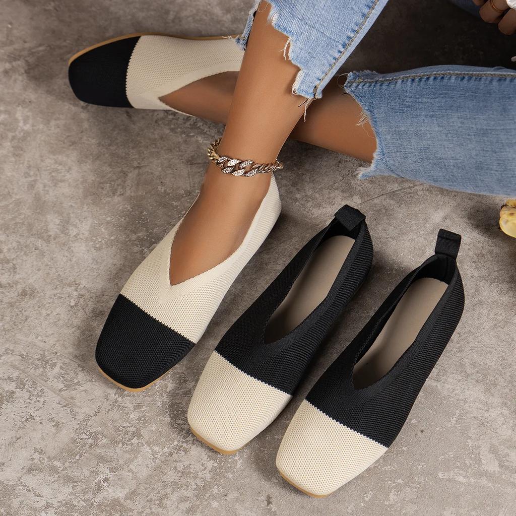 Fashion Women Flat Shoes New Patchwork Ballet Loafers Women Square Toe Spring Summer Casual Shoes Knits Flat Sneakers Zapatos De Mujer