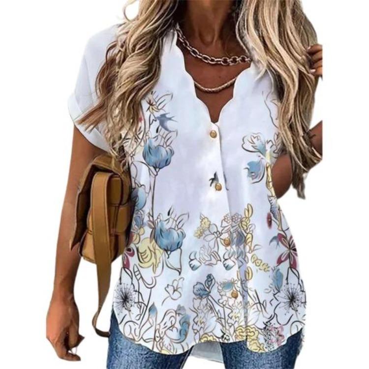 Summer Floral Print Blouse with Petal Neckline Large Buttons Single Breasted Streetwear Fashion