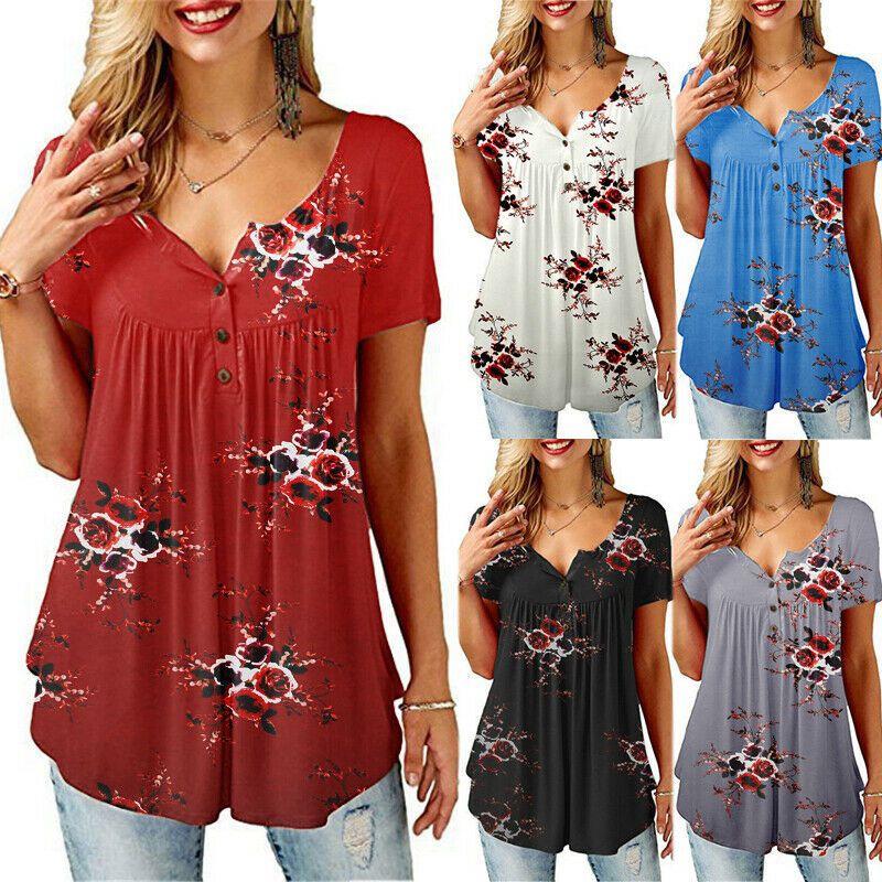 Women Floral Short Sleeve T Shirt Tops Ladies Tunic Baggy V Neck Pullover Blouse