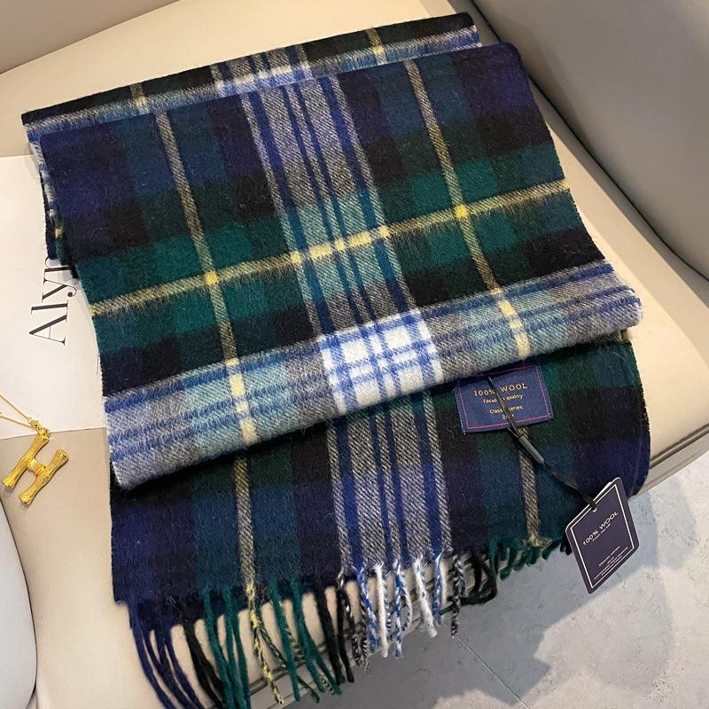Dark green plaid pure wool scarf women's winter British classic plaid men's cashmere scarf thickened to keep warm