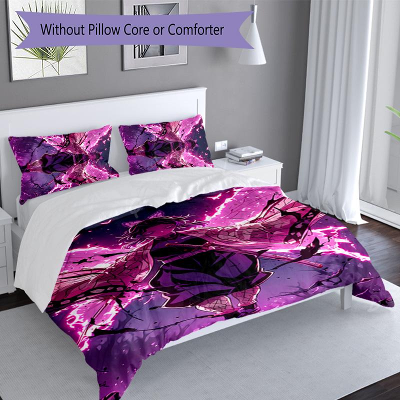 3pcs Demon Slayer Shinobu Kocho pattern bedding set duvet cover set includes duvet cover &pillowcases, perfect all season bedroom decoration & gift