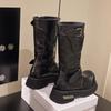 Fashion Brand Desinger Knight Women Mid Calf Boots Chunky High Heeled Platform Punk Motorcycle Long Booties Goth Street Shoes for Women