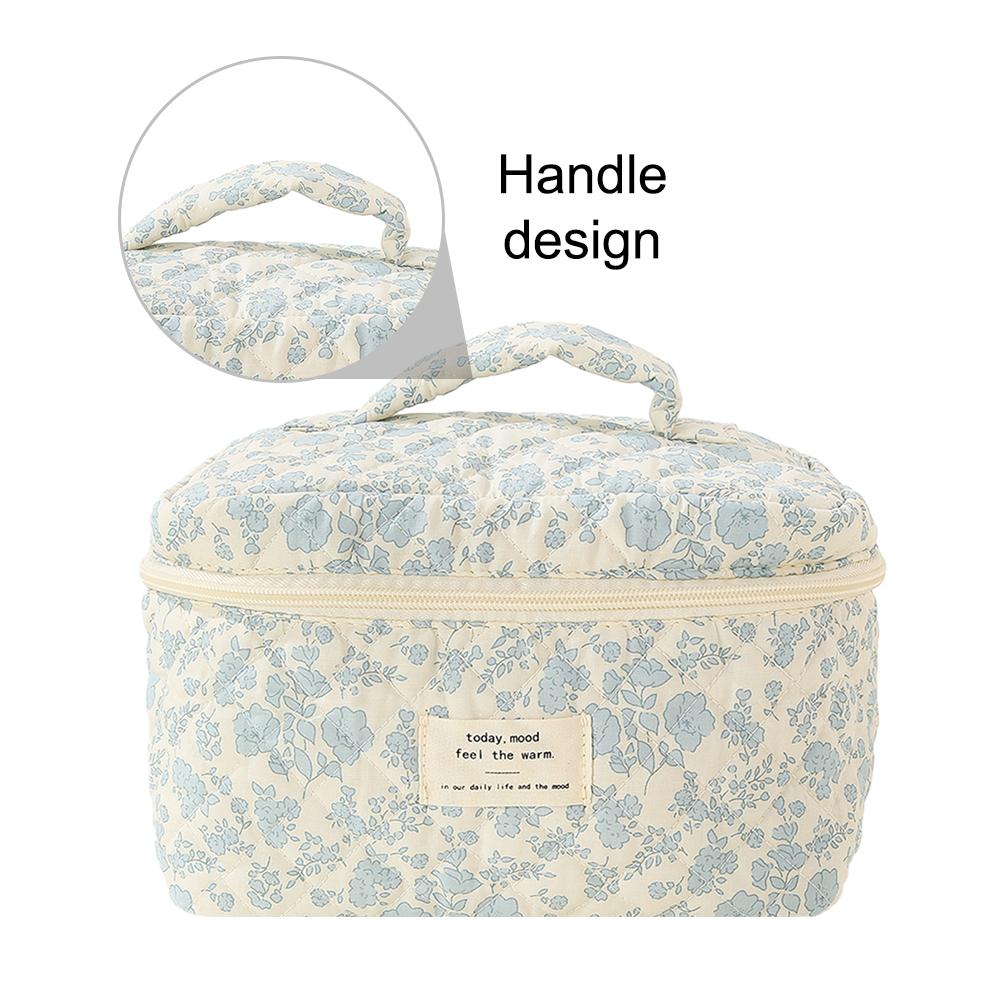 Women Quilted Makeup Bag Printed Cotton Aesthetic Toiletry Purse Large Capacity Zipper Closure Female Travel Bag