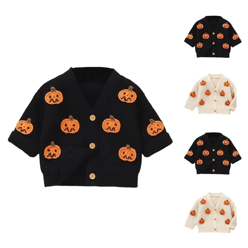 Halloween Pumpkin Knit Cardigan - V-Neck Long Sleeve Cover