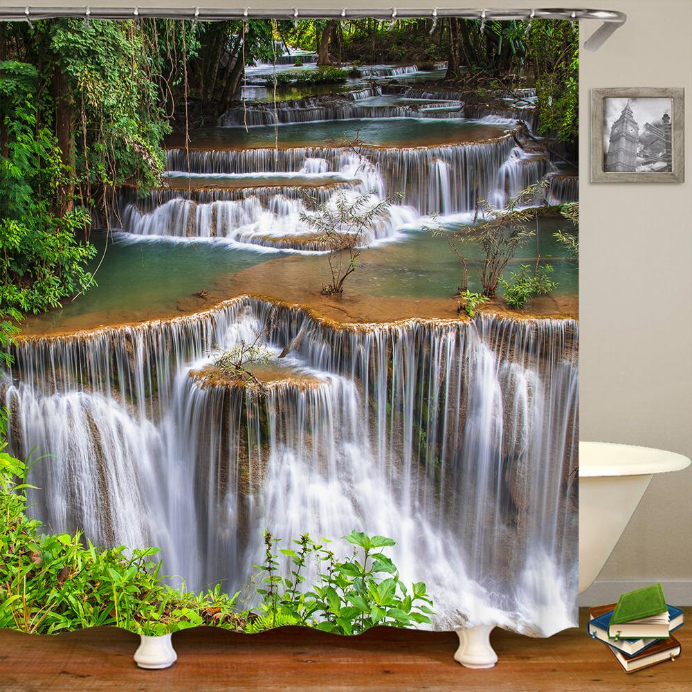 3D Shower Curtain Nature Forest Waterfall Landscape Bathroom Curtains Waterproof Fabric With Hooks Home Decoration Bath Curtain