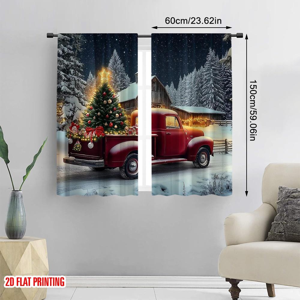 2pcs 2D flat printing Merry Christmas Popular Window Drapes Snow scene red truck Christmas Versatile 100% Polyester Without