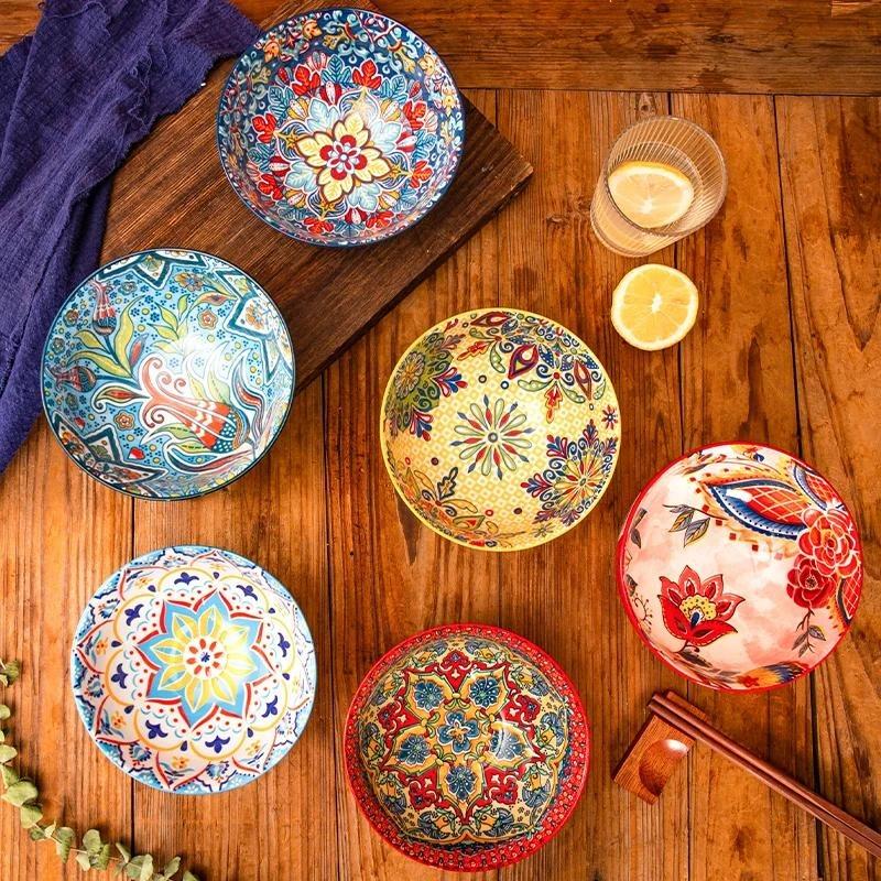 Bohemian Ceramic Bowl Set of 5 Colorful Floral Rice Noodle Soup Bowls for Kitchen Dining