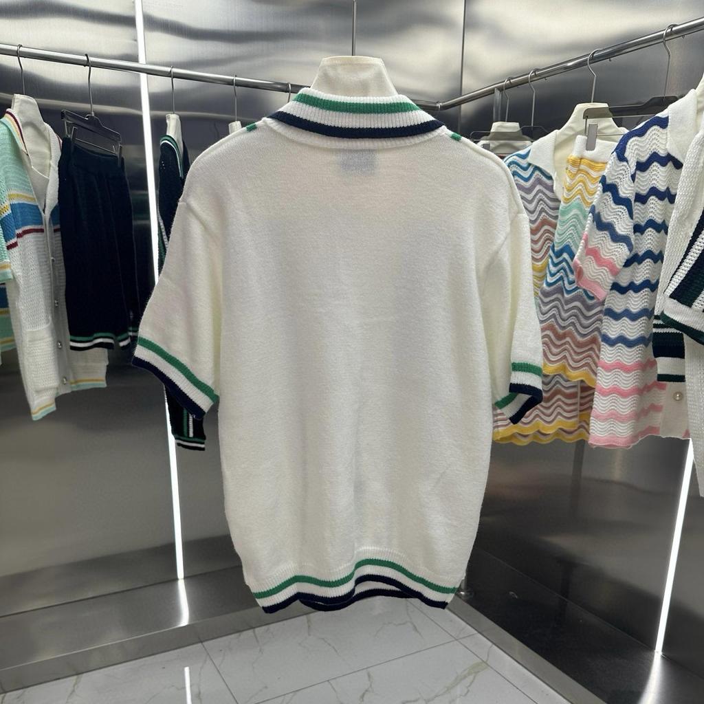 Summer Unisex Color Block Striped Knit Wool Polo Shirt - Short Sleeve