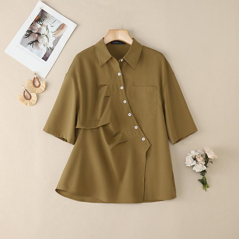 ZANZEA Kvinner Casual Turn Down Krage Sommer Kortermet Bluse