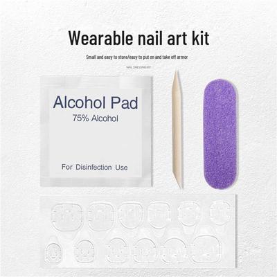 Nail Art Kit: Double-Sided Jelly Glue, Wood File, Alcohol Pads, and Accessories.