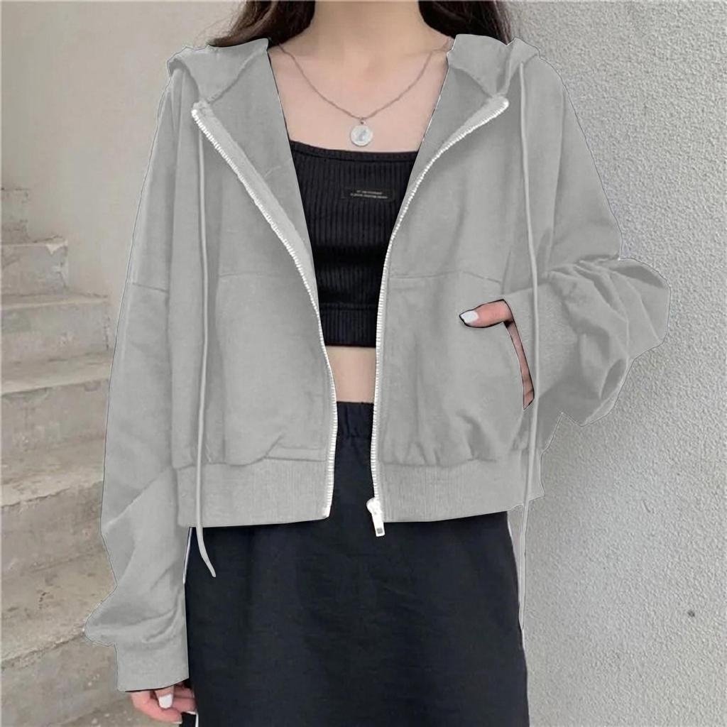 Women Casual Short Zipper Cardigan Hooded Jacket Sweatshirt Women's Solid Color Thin Long Sleeve