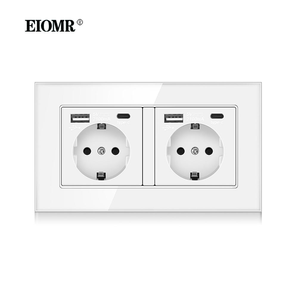 EIOMR EU Standard 16A Tempered Crystal Glass Panel Wall Socket Power Outlet Electrical Plug with Usb 5V 2100mA Ac110-250V White