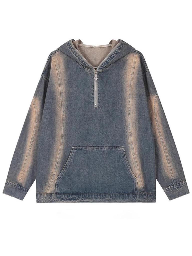 Unisex Retro Distressed Denim Hoodie Jacket - Spring/Autumn Loose Fit