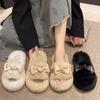 Foreign Trade Autumn and Winter Niche Design Sense Korean Version Flat-bottomed Versatile Fluffy Slippers Women's Bow Casual One-word Cotton Slippers