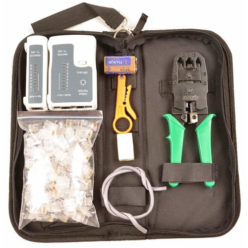 

IWISS LAN Cable DIY Tool Kit, Crimping Pliers (with Stripper), LAN Cable Tester, 100 Connectors (Single Wire, CAT6 Compatible), Storage Bag (7-Piece S