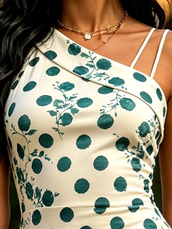 White Green Polka Dot Floral Print One Shoulder Spaghetti Strap Bodycon Midi Dress Womens Casual Party Dress
