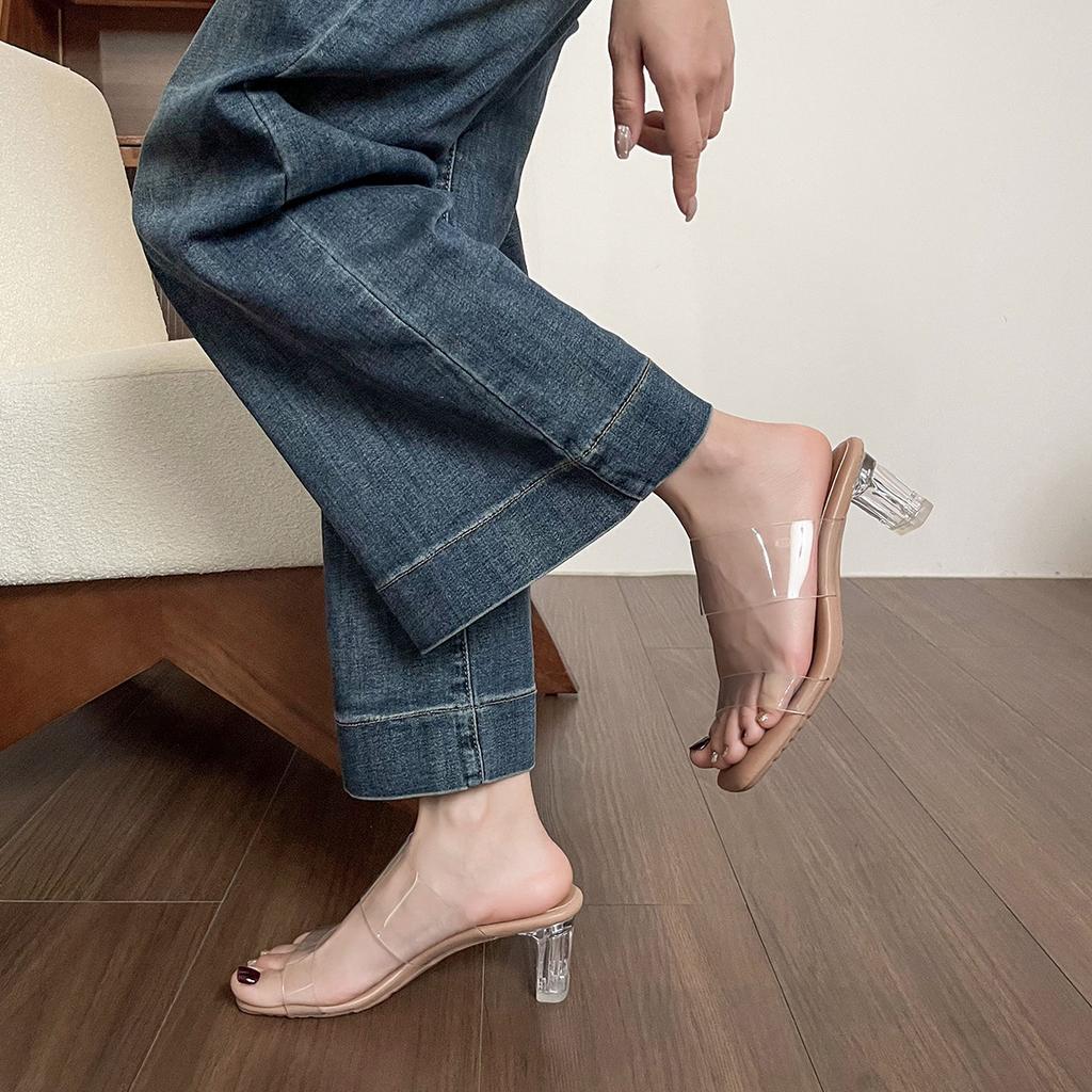 One word with high heel sandals women's summer explosion transparent crystal thick heel cool slippers outside wear