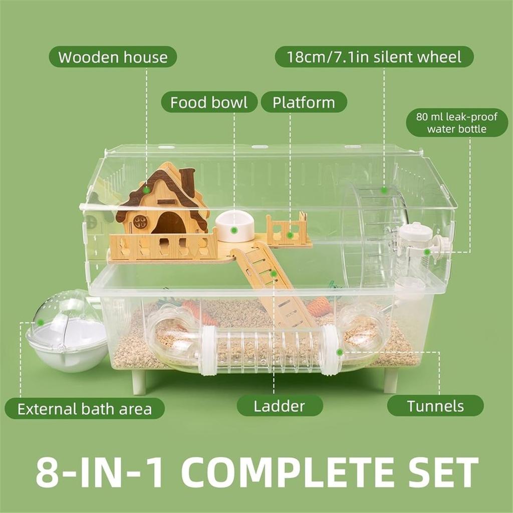 Cage Tout-en-Un en Acrylique pour Hamster, Souris et Gerbille avec Roue Silencieuse de 18 cm et Kit de Tubes, 17,7x11,8x13,8