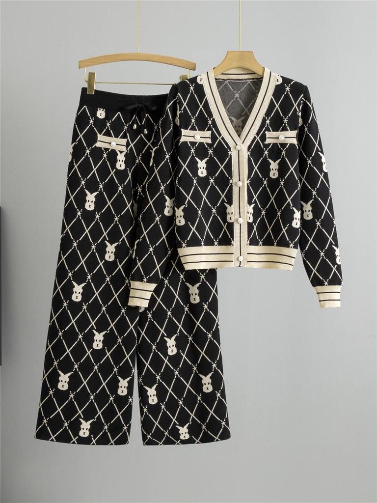 Women's Autumn/Winter Knitted Cardigan & High Waist Wide-Leg Pant Set - Little Fragrance Style Two-Piece Sweater Coat.
