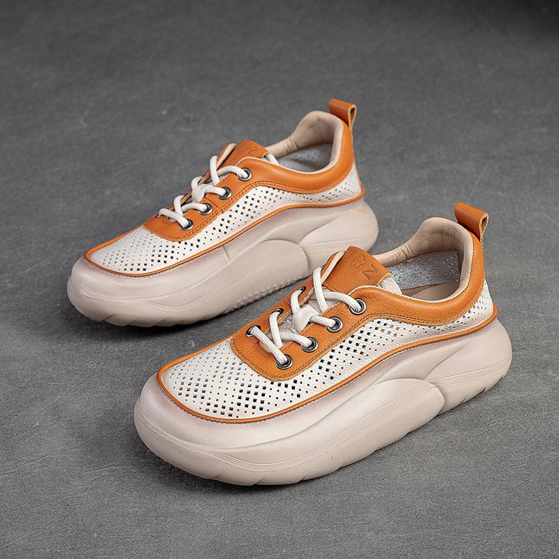 Fashion GKTINOO Hollow Sandals Women Sneakers Genuine Leather Shoes Thick-soled 2025 New Handmade Comfortable Retro Platform Sneakers
