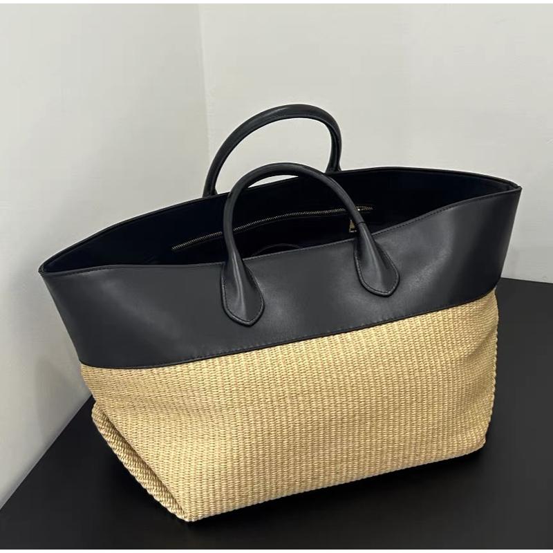 

Luxury Genuine Leather Straw Bag Stitching Contrast Color Large Capacity Handbag Brand Tote Bag Commuter Wing-shaped Storage Bag