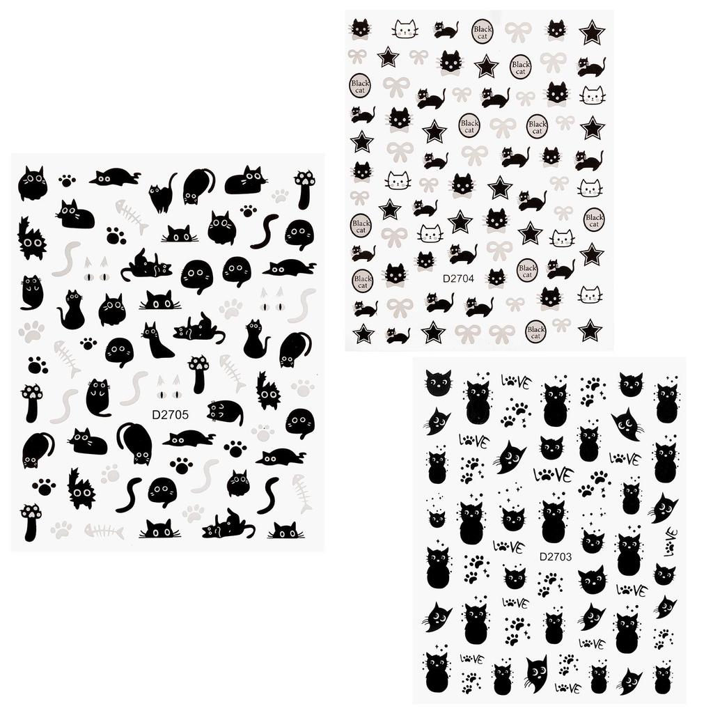 1-6pcs Black Cat Stickers Cute Cartoon Graffiti Cat Nail Stickers Art Self Adhesive Decals Heart Bowknot Stars Manicure Tools