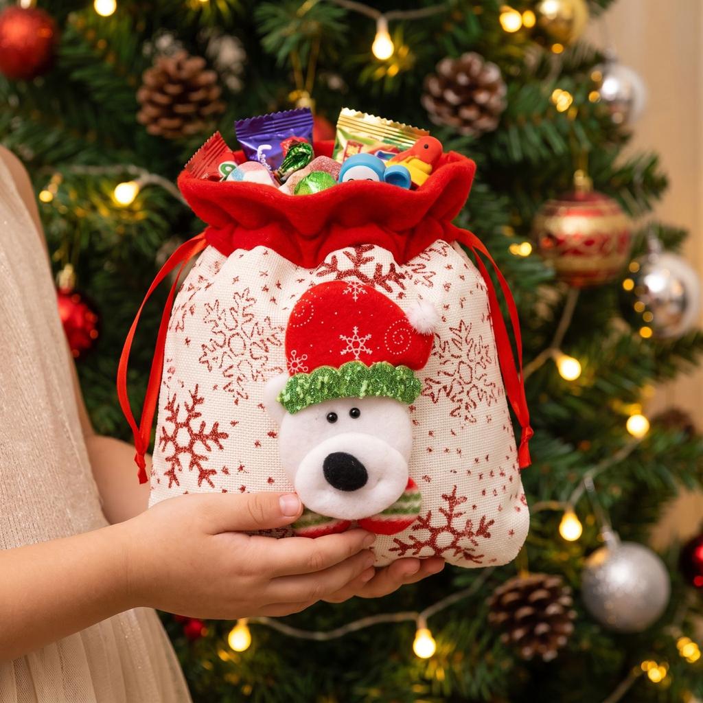 Christmas Candy Bags with Santa Snowman Designs - Party Gift Bags for Kids, No Handle