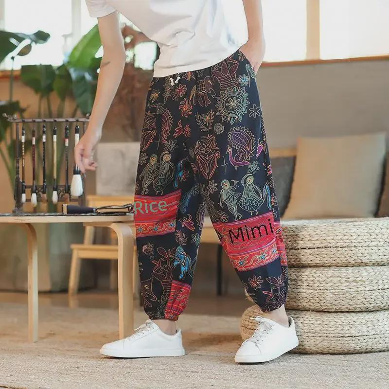 Cashew Flower Men's Thai Linen Wide-Leg Nine-Point Summer Pants