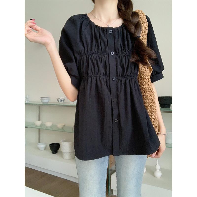 

Plus Size Women s French Style Puff Sleeve Summer Blouse - Short Sleeve, Slimming & Tummy Covering L чорний