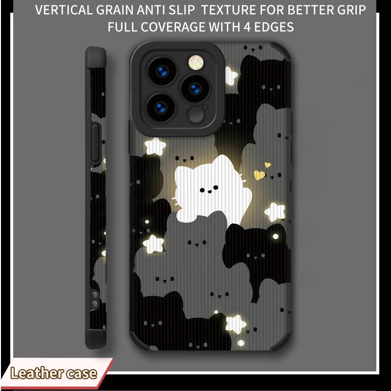 Vertikal genarbtes Leder Cartton Shiny Cat Shell Weiche Silikon-Telefonhülle Rückseitige Abdeckung mit Kameraobjektiv Vollständiger Schutz für das iPhone