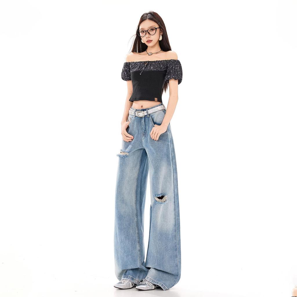 Women's American Retro Ripped Wide-Leg Jeans - 2026 Spring/Summer Collection, Versatile Slimming Design.