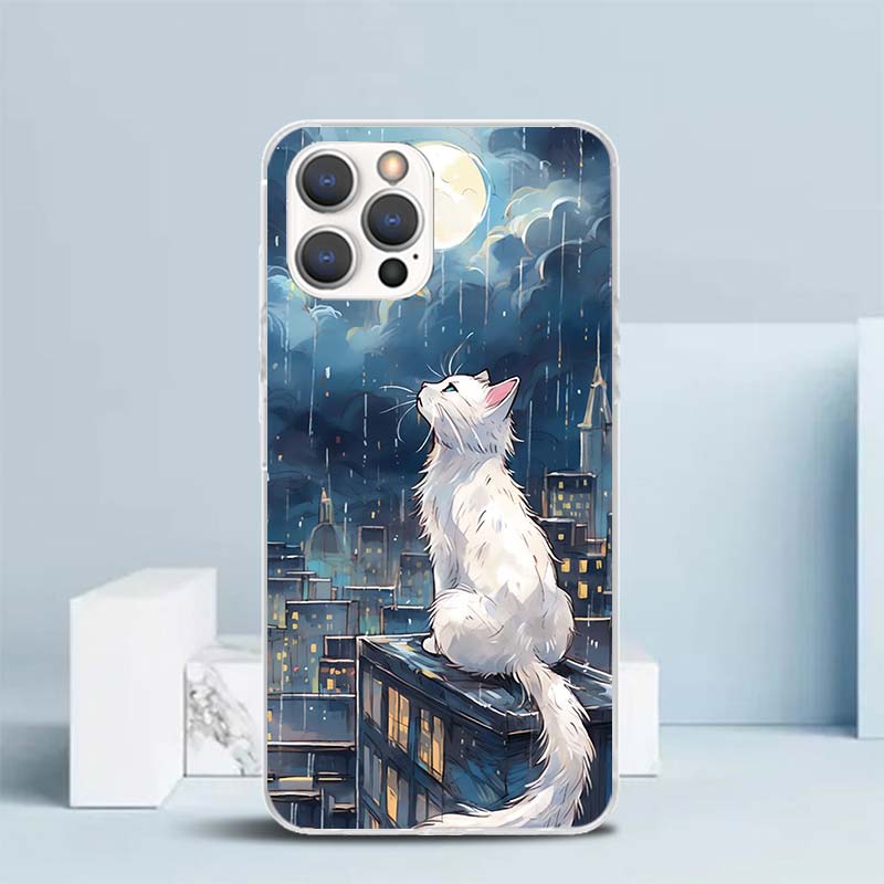 Anime Cat Rain Animal Soft Cover for iPhone 16 17 Air 15 14 Pro Max 16E Phone Case 13 Mini 12 11 7 SE 8 Print Pattern Fit Cases