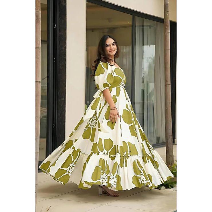 Damska sukienka maxi z rayonu w kwiatowy nadruk|Jednoczęściowa dla kobiet|Sukienka zachodnia|Rozkloszowana sukienka dla kobiet|Sukienka do kostek