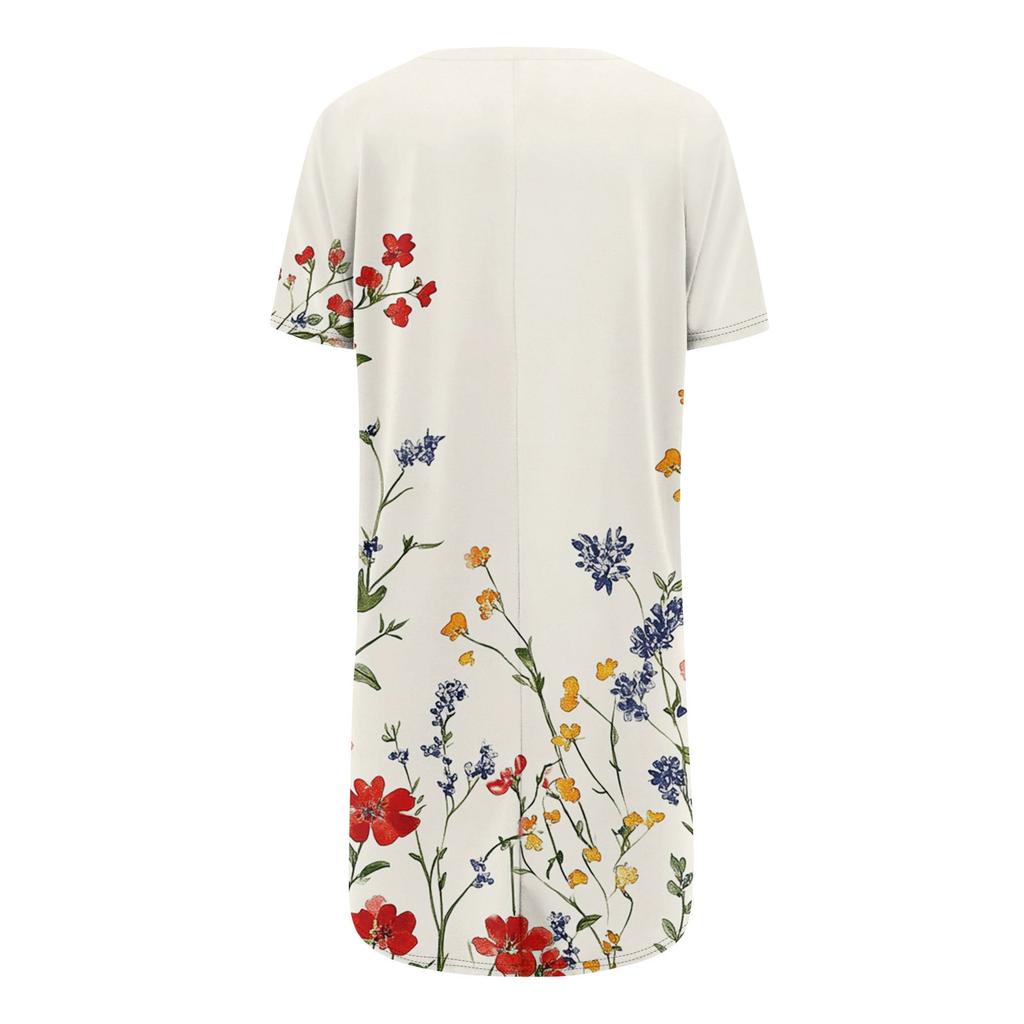 Damen Modisches Und Lässiges V-Ausschnitt Blumenmuster Mittellanges Taschen Kurzarm Oberteil