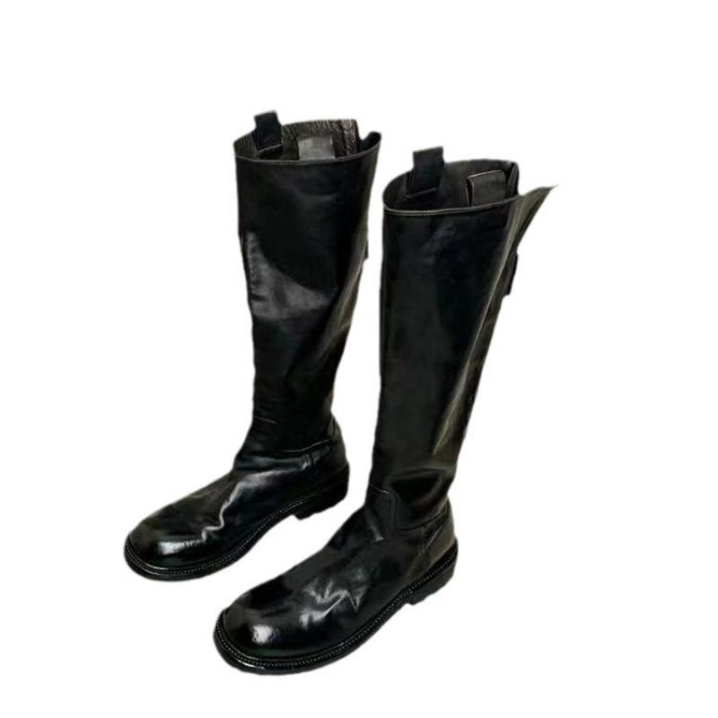 Cowhide Version~ Retro Pleated Thick-soled Long Knight Boots Women's Thin Leather High Boots