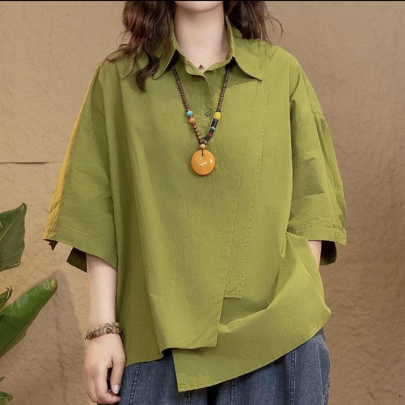 

Short-sleeved Casual Fashion Women s Summer New Irregular Loose Solid Color Asymmetrical Shirt M зелений
