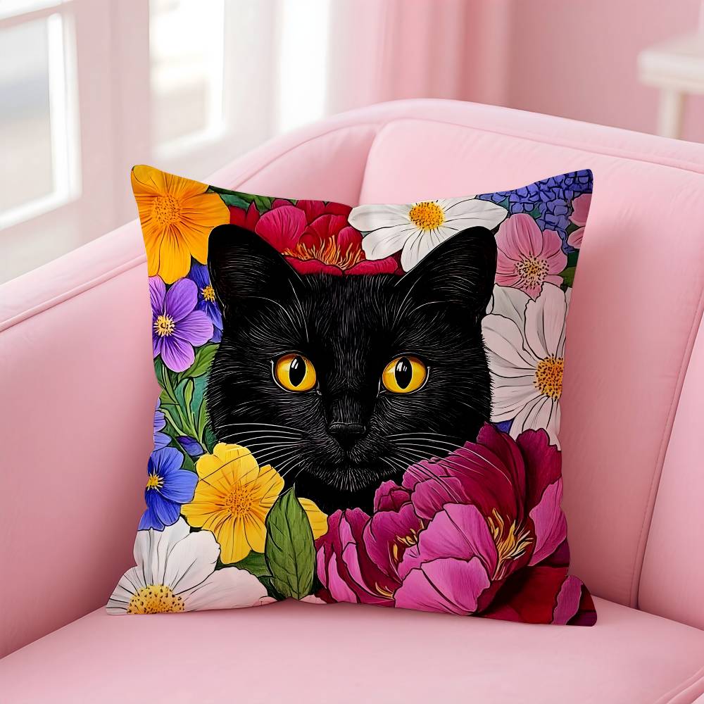 Cat In the Flowers Aesthetic Pillow Case Pattern Printing Pillowcase Living Room Sofa Cushion Cover Bedroom Room Decor