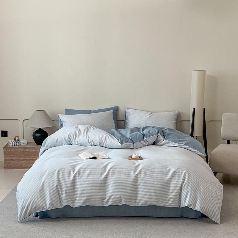 100% Cotton 3 Piece Bedding Set Soft Duvet Cover with 2 Pillowcases Solid Striped Checkered Print Skin Friendly