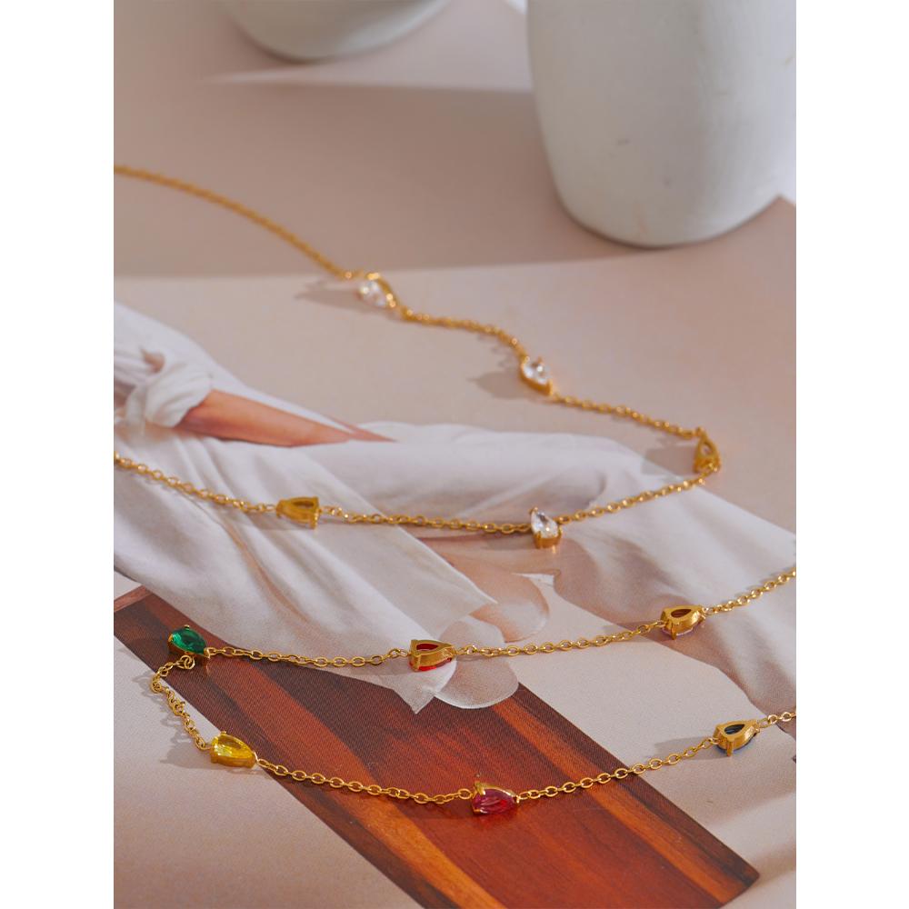 Yhpup Chic White Colorful Cubic Zirconia Thin Chain Collar Necklace 18K Golden PVD Plated Stainless Steel Premium Jewelry Gift