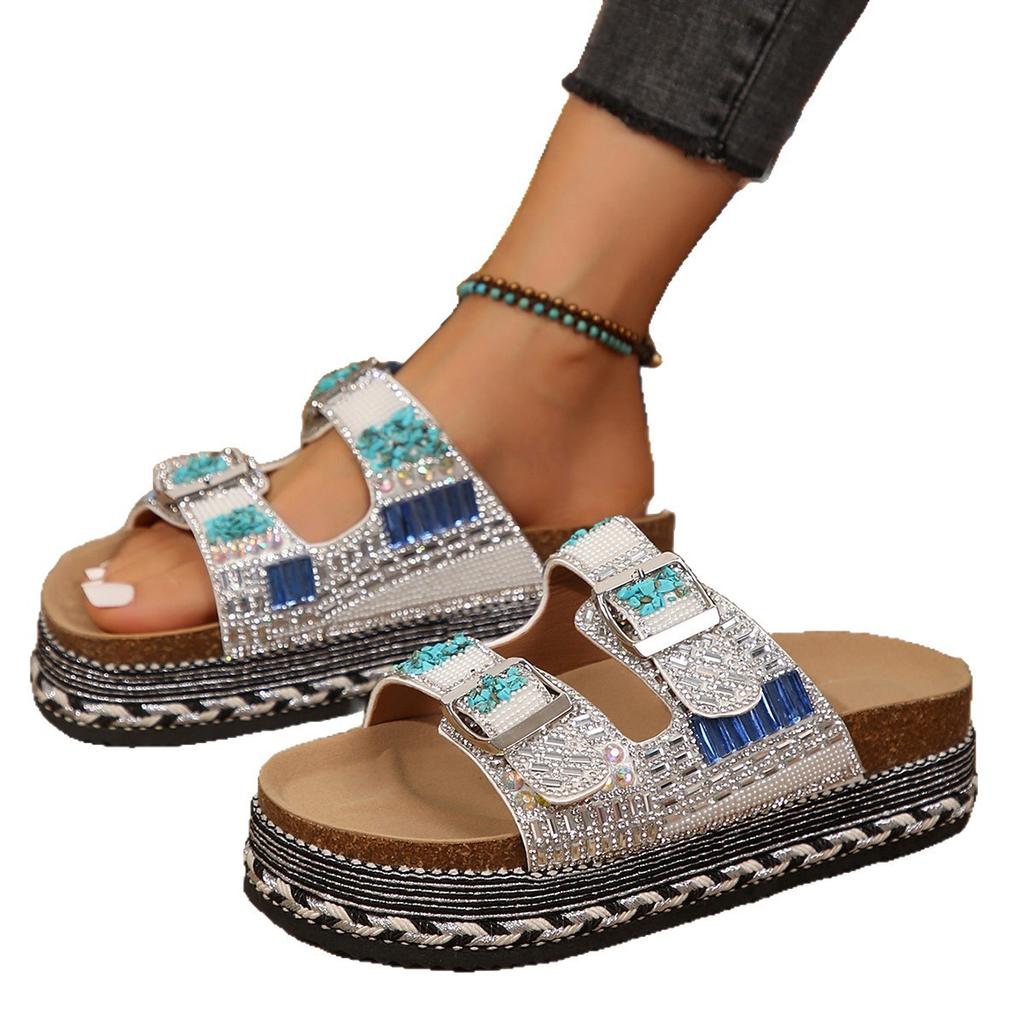 Fashion retro thick-bottomed double-buckled rhinestone cork slippers women's casual slippers rhinestone fashion thick-bottomed Birkencool slippers