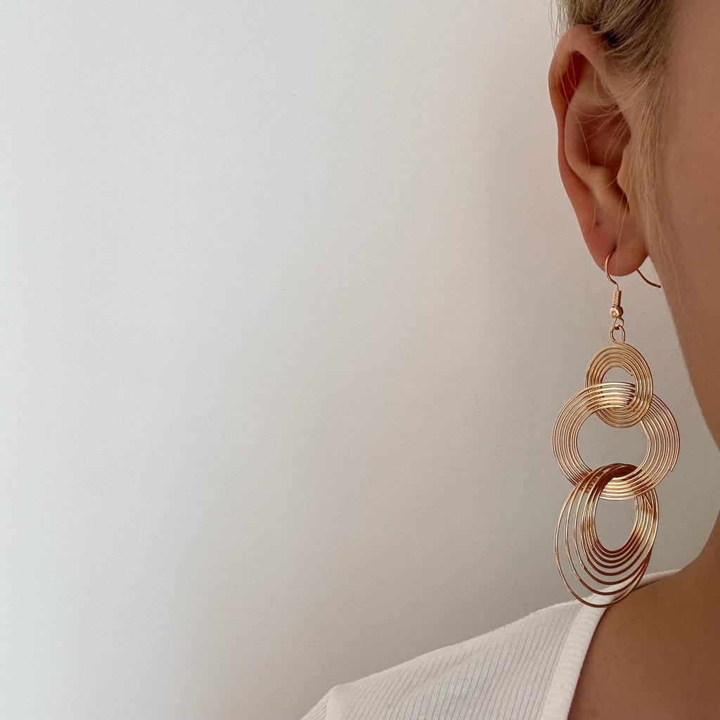 European & American Geometric Circle Metal Long Pendant Earrings - Bold, Simple, Stylish Studs for Women