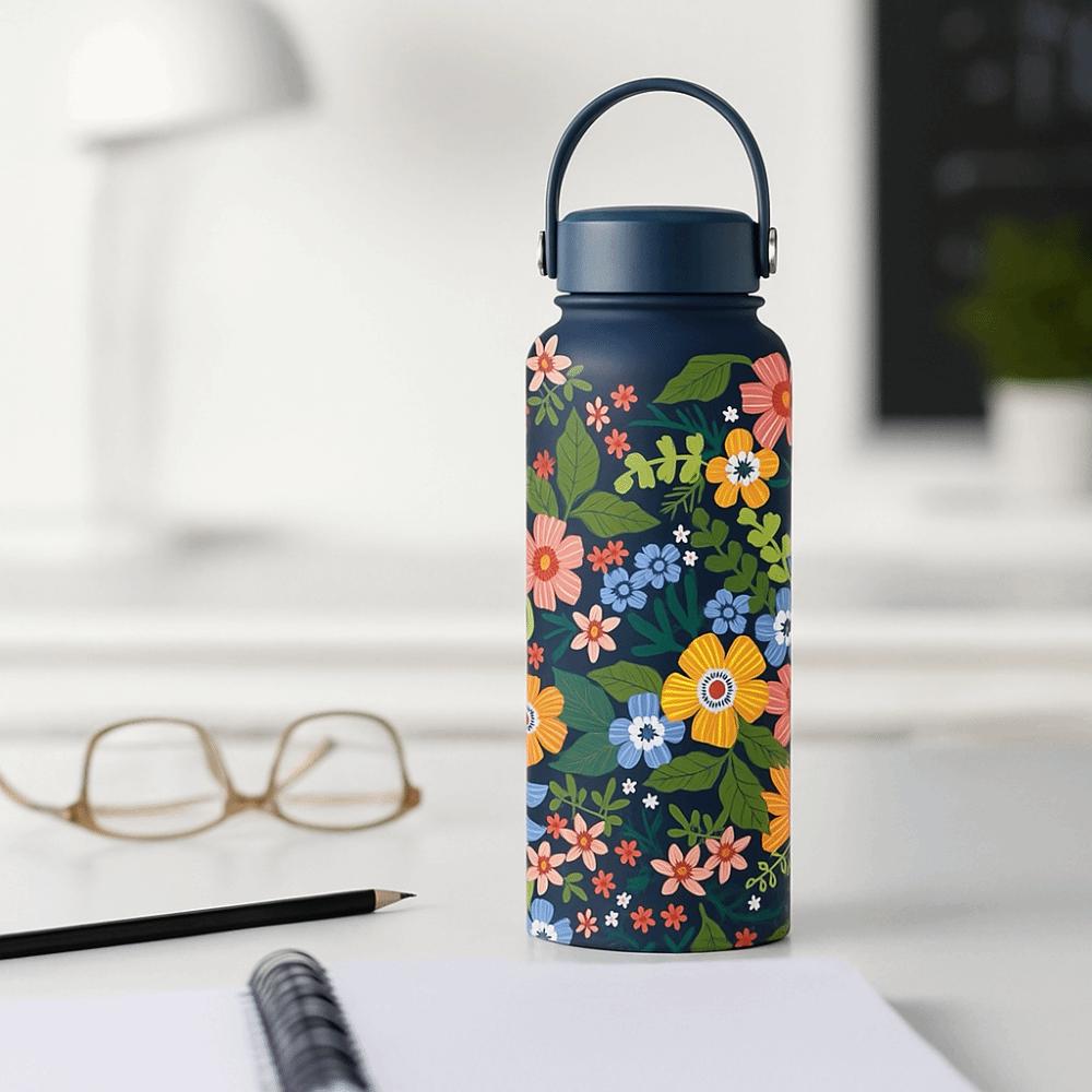 1L Outdoor Insulated Mug Creative Floral Insulated Bottle Drinkware Thermal Water Bottle  Household
