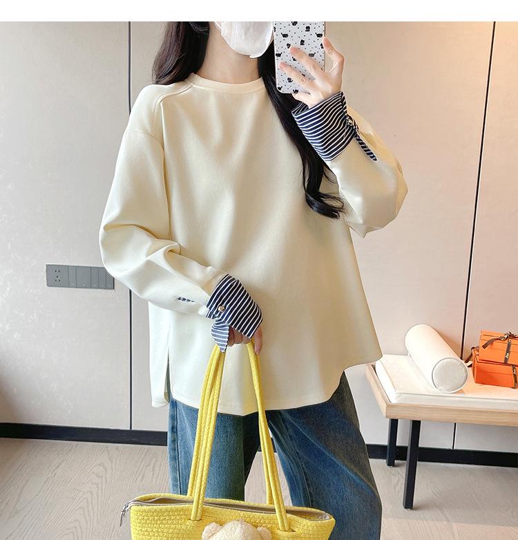 

Korean Style Maternity Two-Piece Set: Mid-Length Hoodie & Striped Sleeve T-Shirt Top L [53-63 kg]