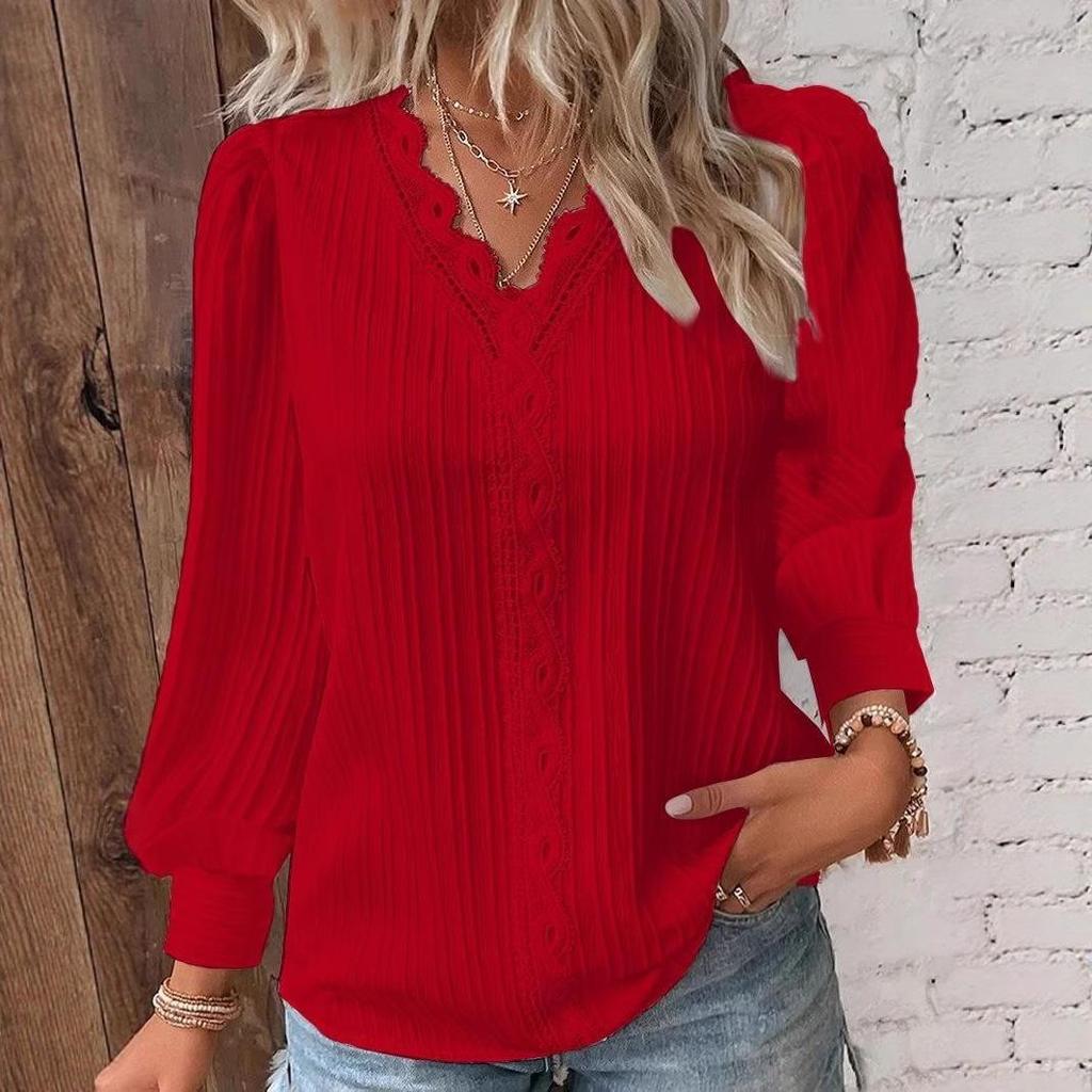 Autumn V-Neck Lace Splice Long Sleeve Shirt for Women