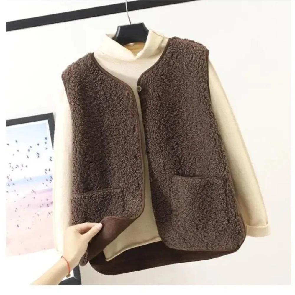 Lamb's Fleece Vests Jacket Spring Autumn Women Button Waistcoat Winter Warm Fleece Sleeveless Outwear