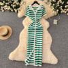 Women's Striped Knit Polo Collar Button Front Midi Dress Short Sleeve Slim Fit Bodycon Casual Dress